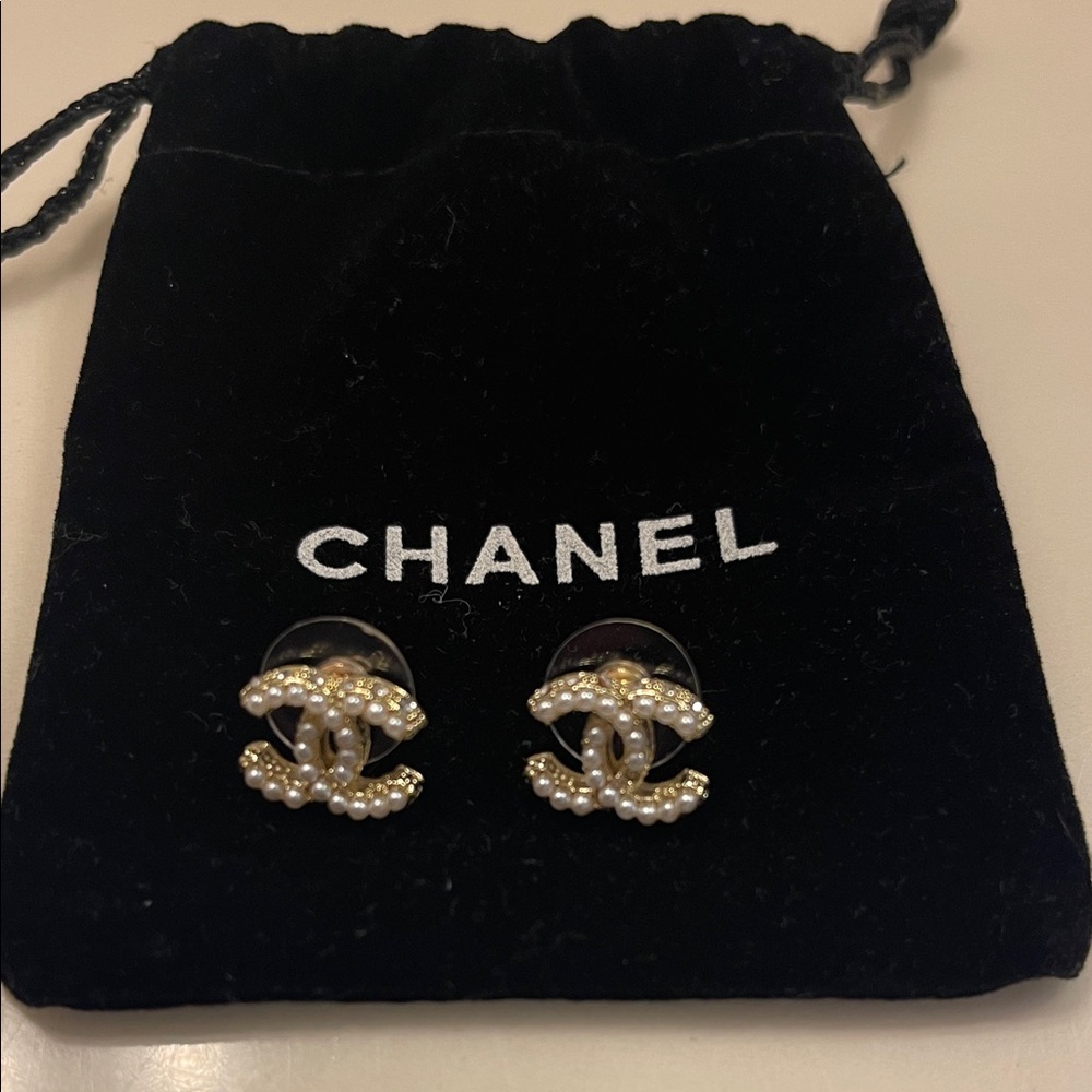 CHANEL Gold and White Pearl Earrings
